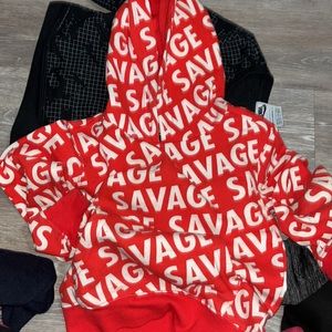 Red White Savage word All Around Hoodie with pockets size large